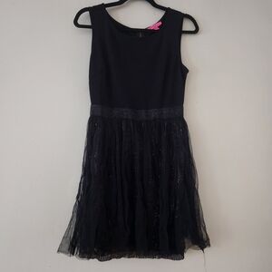 Betsey Johnson Black Sleeveless Dress Gold Skirt Sequin Mesh Size 8 Y2K HOCO Min
